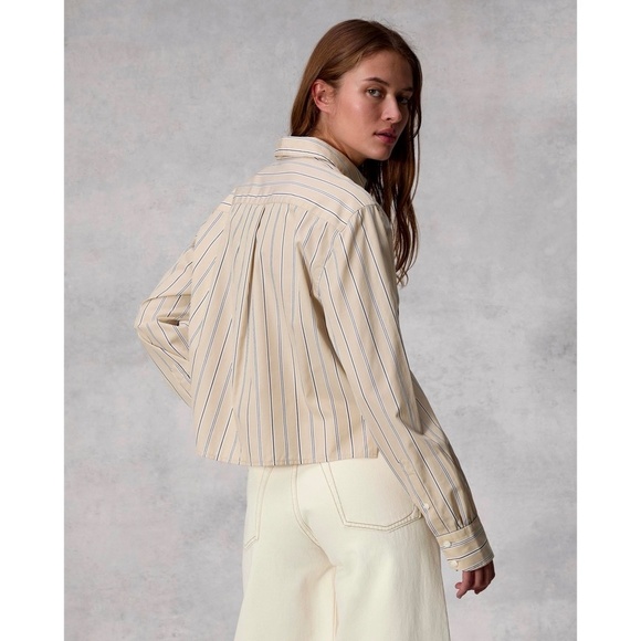 RAG & BONE Maxine Cropped Shirt Top Khaki Multi Stripe Buttondown X-Small - Picture 8 of 14